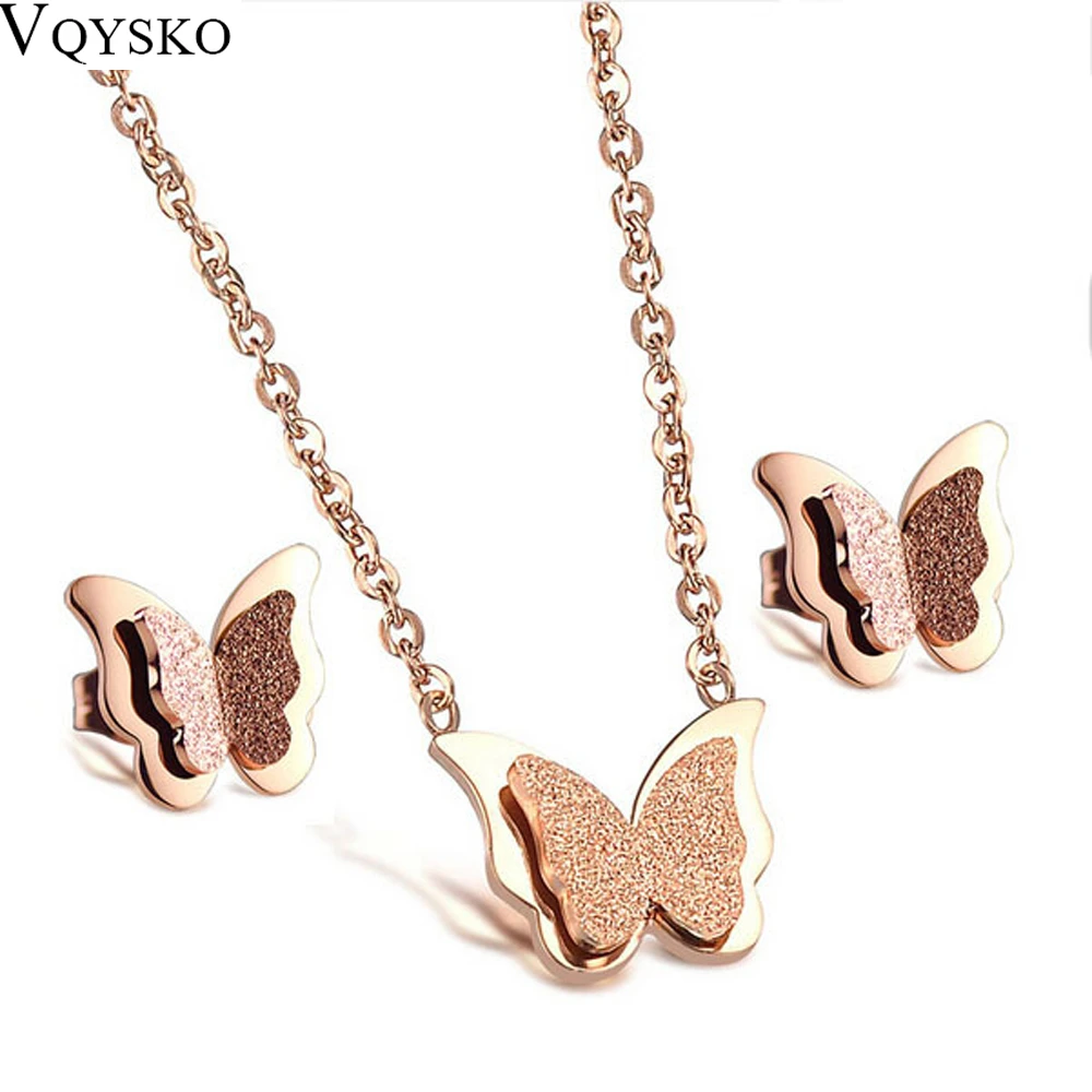 Romantic Butterfly Necklace + Earring Jewelry Sets Fashion Rose Gold-Color Stainless Steel Women Engagement Accessories