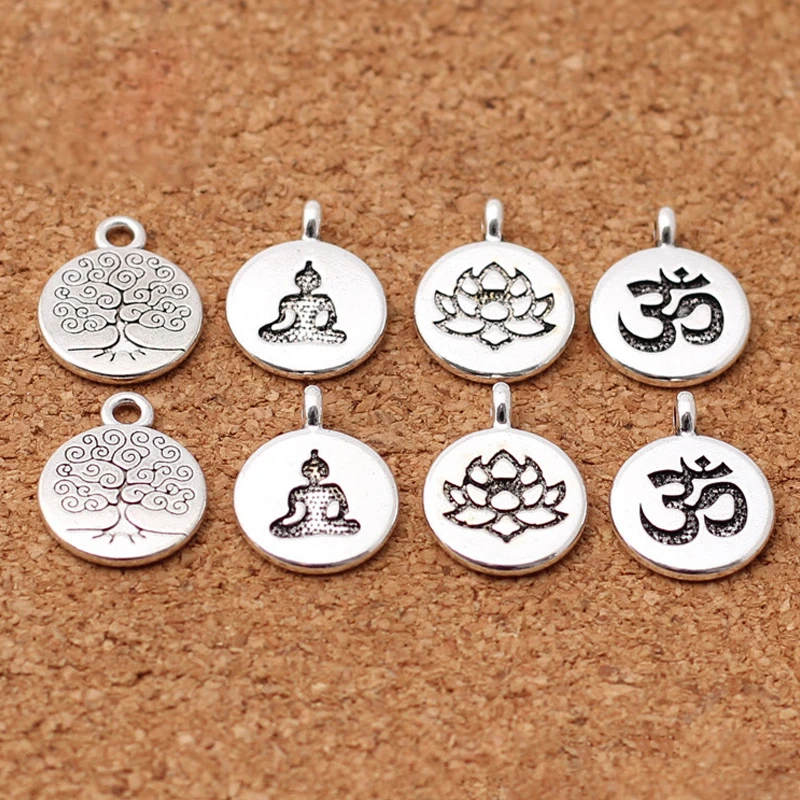 10pcs/lot Tibetan Silver Round Tag Lotus/Life Tree/Buddha Charms 15mm Handmade Metal Pendants DIY Jewelry Making Accessories