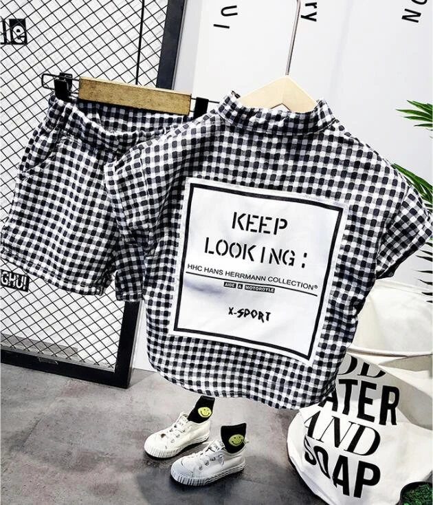 Summer Fashion Baby Boys Clothes Set short sleeve shirt Plaid Suit For Boys Children Clothing Cotton Costume For Kids Suits