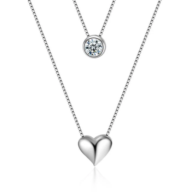 XIYANIKE 925 Sterling Silver Necklace Double Layer Chain Zircon Heart Pendants Necklaces For Women Gift kolye Choker 2019 New