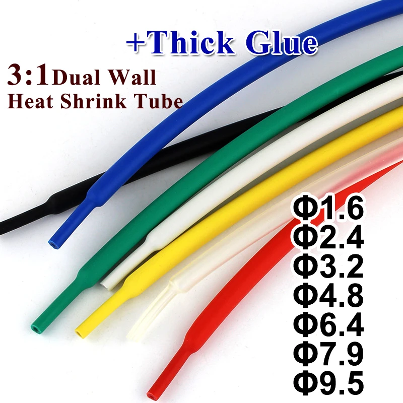 2M 1.6/2.4/3.2/4.8/6.4/7.9/9.5mm Dual Wall Heat Shrink Tube thick Glue 3:1 ratio Shrinkable Tubing Adhesive Lined Wrap Wire kit