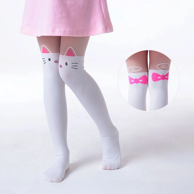 Children's Princess Girl Tights Stockings Baby Cute Pantyhose Kids tights Knee Fake Velvet Stocking White Cartoon cat