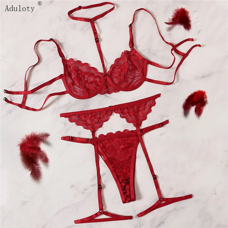 Aduloty Red Floral Lace Garter Lingerie Set With Choker Women Intimates 2021 Underwire Bra And Thongs Ladies Underwear Set