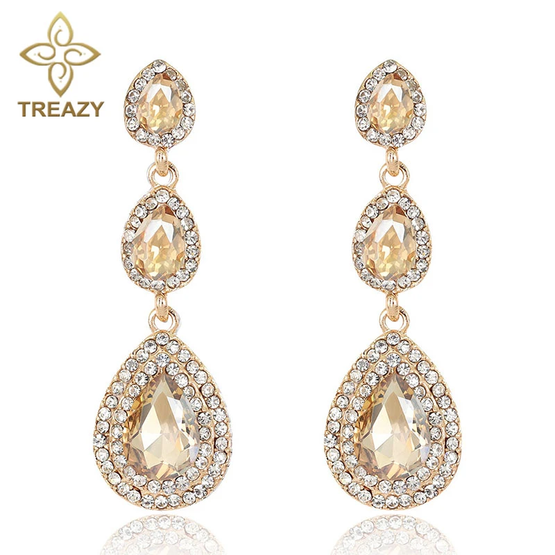 TREAZY Luxury Champagne Crystal Earrings Gold Color Jewelry Fashion Female Bricons Wedding Long Big Drop Earrings For Women