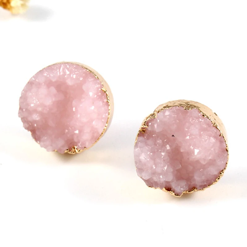 Bijoux 1 Pair Natural Druzy Stone Earing Fashion Simple Stud Earrings Gold Color Pink Red Round Drusy Earstud For Women Jewelry