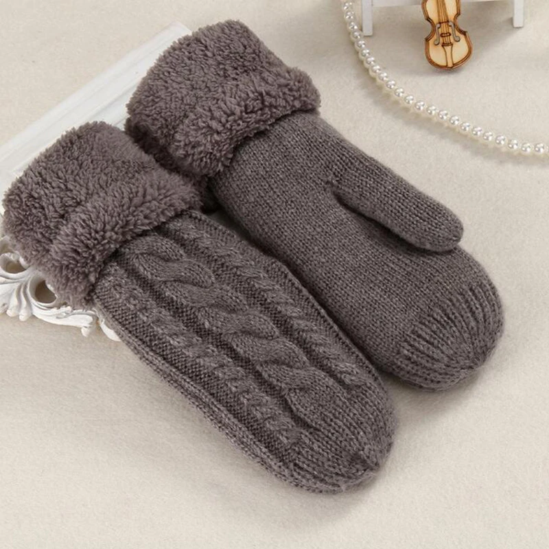 Women Fashion Knit Twist Flowers Mittens Winter Female Wool Plus Cashmere Velvet Thickening Warm Full Finger Gloves Guantes L45