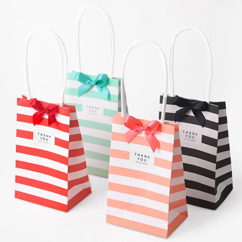 10Pcs Paper Stripe Gift Bag Packaging Candy Cookie Present Packing Favor Kraft Bonbonniere Wedding Party Goodie Bags For Sweets