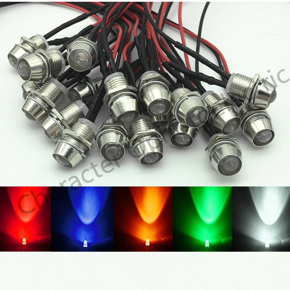 10-100pcs 5mm 12V colorful pre-wired LED Metal Indicator Pilot Dash Light Lamp Wire Leads