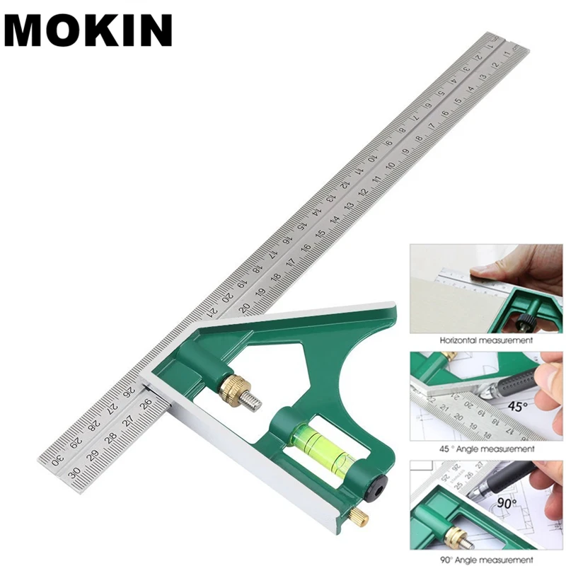 MOKIN 12'' Angle Ruler Combination Square Ruler 45/90 Degree With Bubble Level For Machinist Education Gauge Measuring Tools