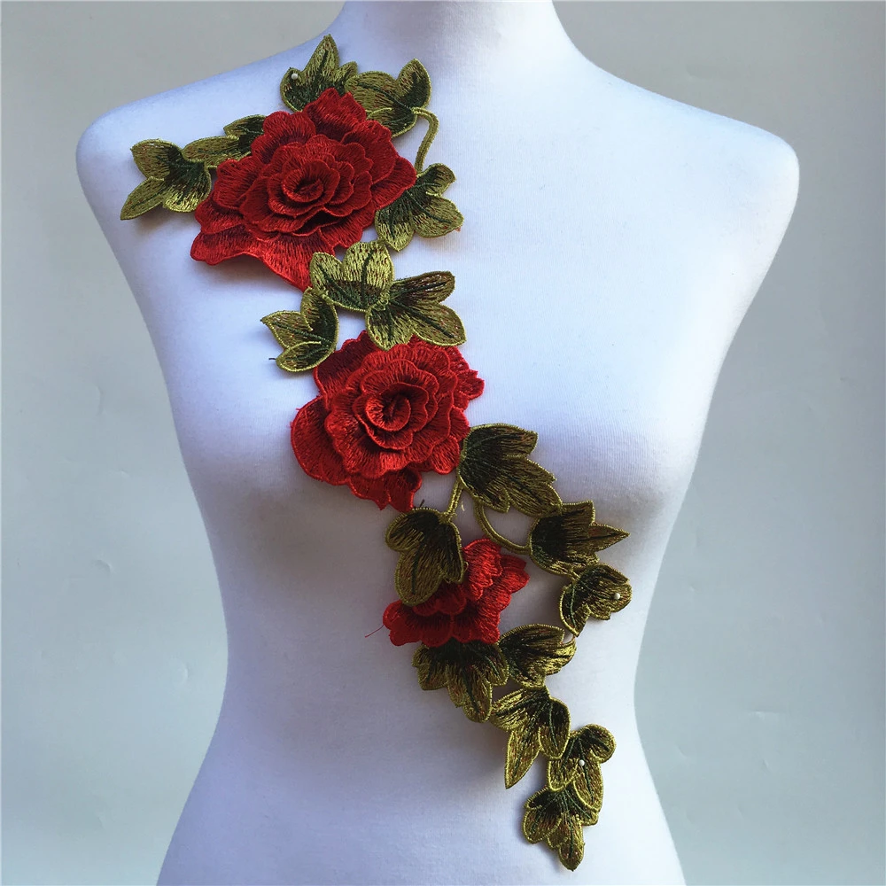 1Pc 3D Red Embroidered Fabric Rose Flower Venise Lace Sewing Applique Lace Collar Neckline Collar Applique Accessories