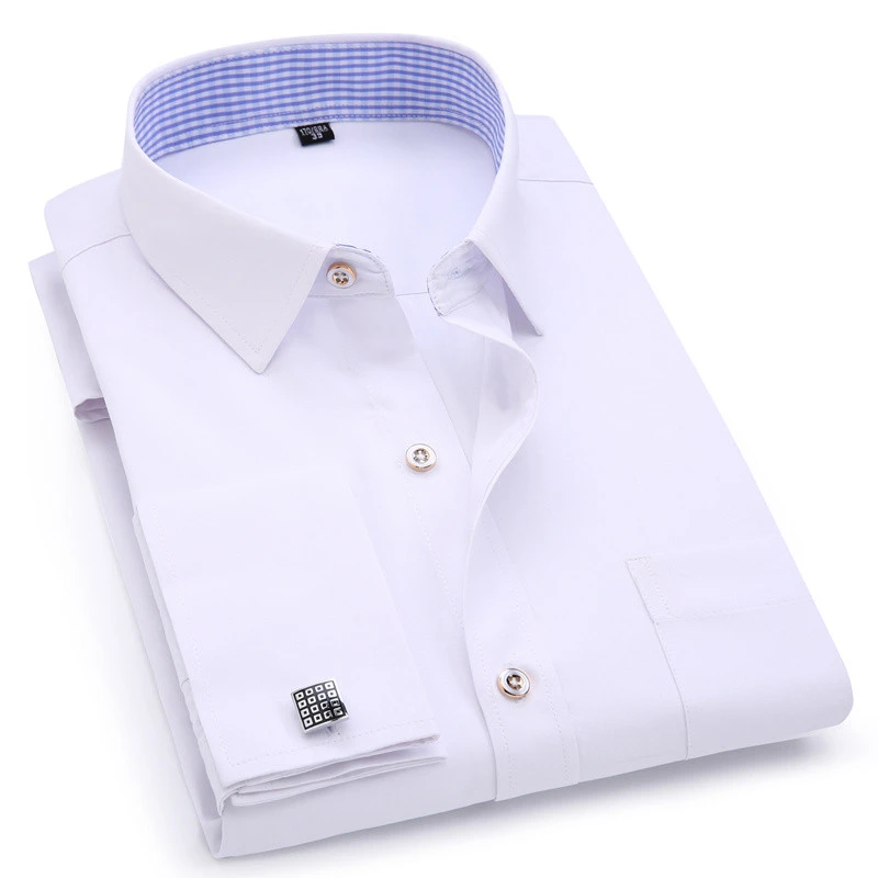 Men's Dress Shirts French Cuff Blue White Long Sleeved Business Casual Shirt Slim Fit Solid Color French Cufflinks Shirts For