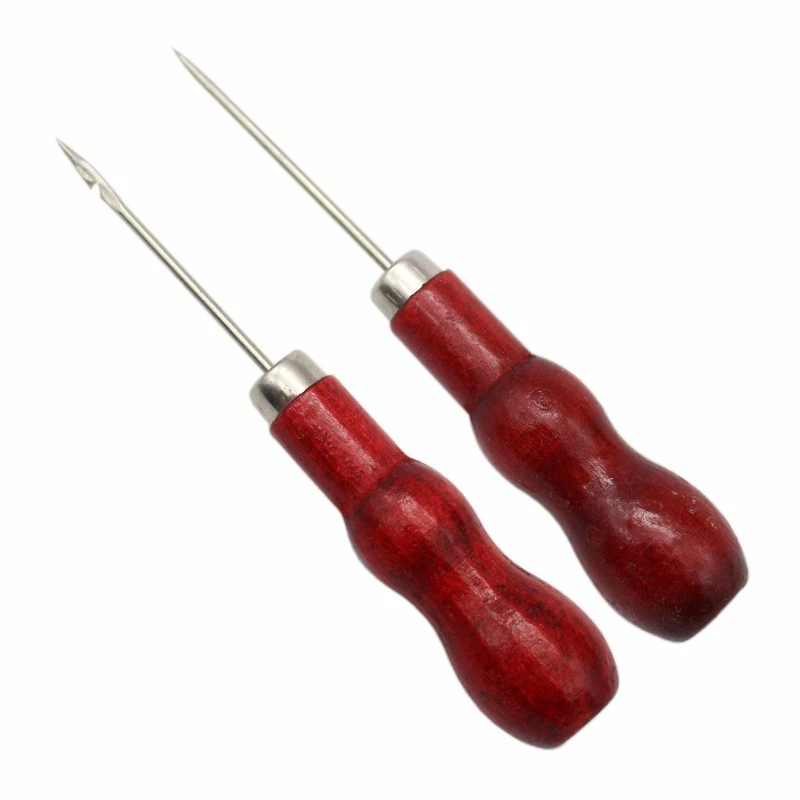 2PC Wooden Handle Awl Positioning Drill Tools Leather Hole Puncher Stitching DIY Tailor Sewing Needles Shoe repair tool