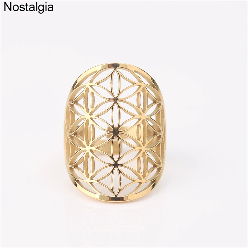 Adjustable Stainless Steel Flower Of Life Ring Hollow Fleur De Vie Sacred Geometry Wicca Jewelery Sale For Women Men