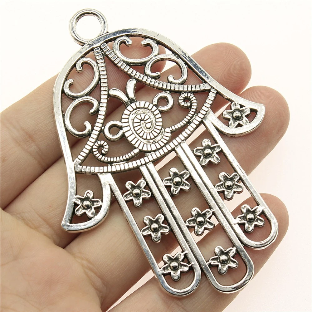 WYSIWYG 1pcs 85x62mm Hamsa Hand Charm With Flowers Big Flowers Hand Charms Large Hollow Flowers Lufthansa Hamsa Hand Charms