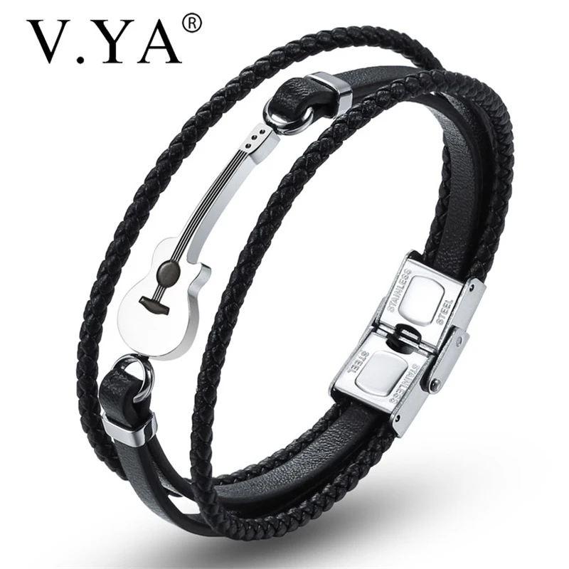 V.YA New Style Multilayer Leather Guitar Engraved Black Bracelets Simple Rope Chain Stainless Steel  Magnet Brown Bangle