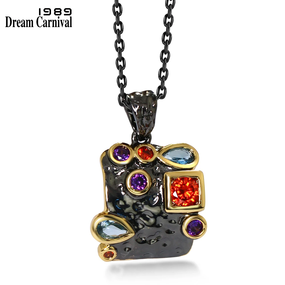 DreamCarnival1989 Neo-Gothic Necklace for Women Vintage Black Gold Colorful CZ Cute Square Costume Jewelry Collier Bijoux WP6481