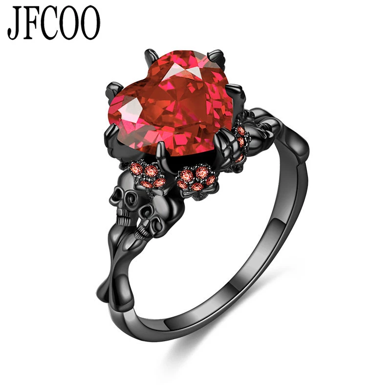 Fashion Punk CZ Ring Heart-shape Red Zircon Double Skull Rings Black For Women Party Dropshipping Wedding Jewelry