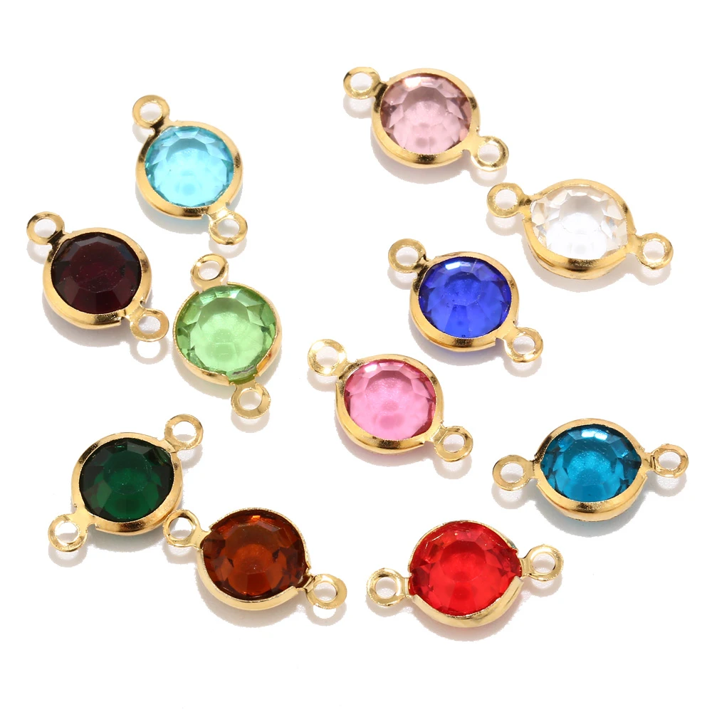 New Design 8.5mm Gold Color Stainless Steel Crystal Birthstones Connector Gem Stone Charm Beads Findings For Jewelry Making DIY