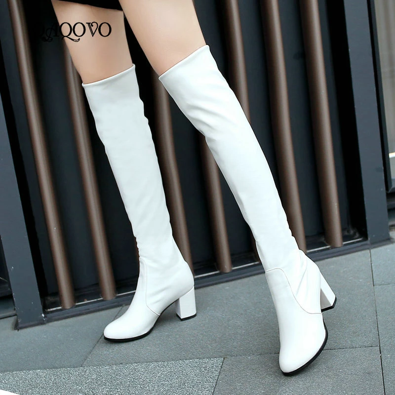 2021 Fashion Knee High Boots Women's Winter Boots Thick High Heel Stretc Long Boots Slip On Autumn Shoes Woman Black White