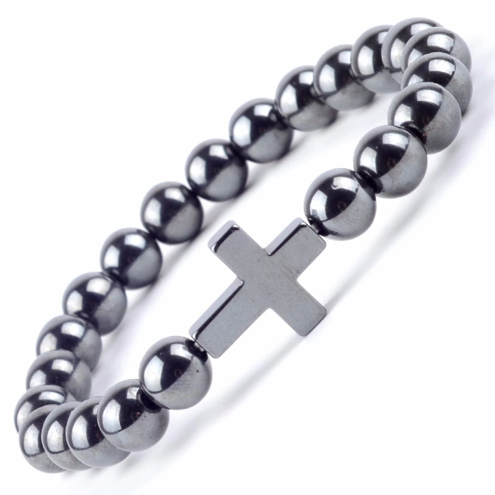 2020 Fashion Natural Hematite Stone Bracelet Men Cross Charm Bracelets & Bangles For Women Jewelry Xmas Gift Wholesale