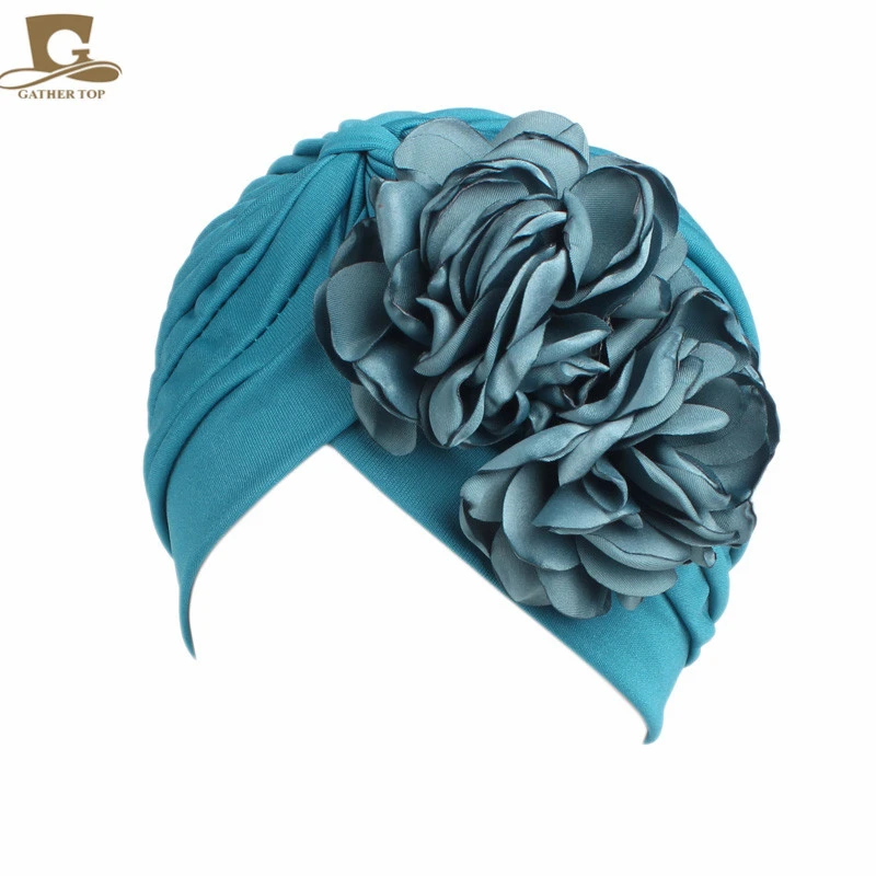 New vintage double flower beanie turban style hat women headbands Turbante hair accessories
