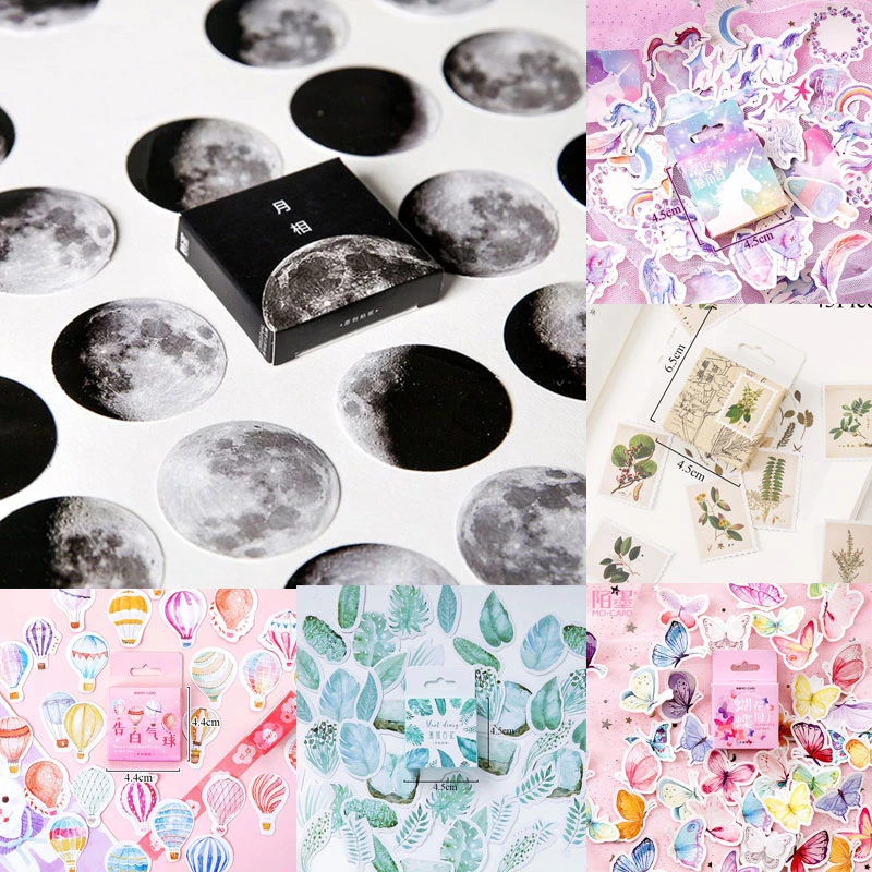 45pcs/box Stationery Stickers Vaporwave DIY Planet Sticky Paper Kawaii Moon Plants Stickers For Decoration Diary Scrapbooking