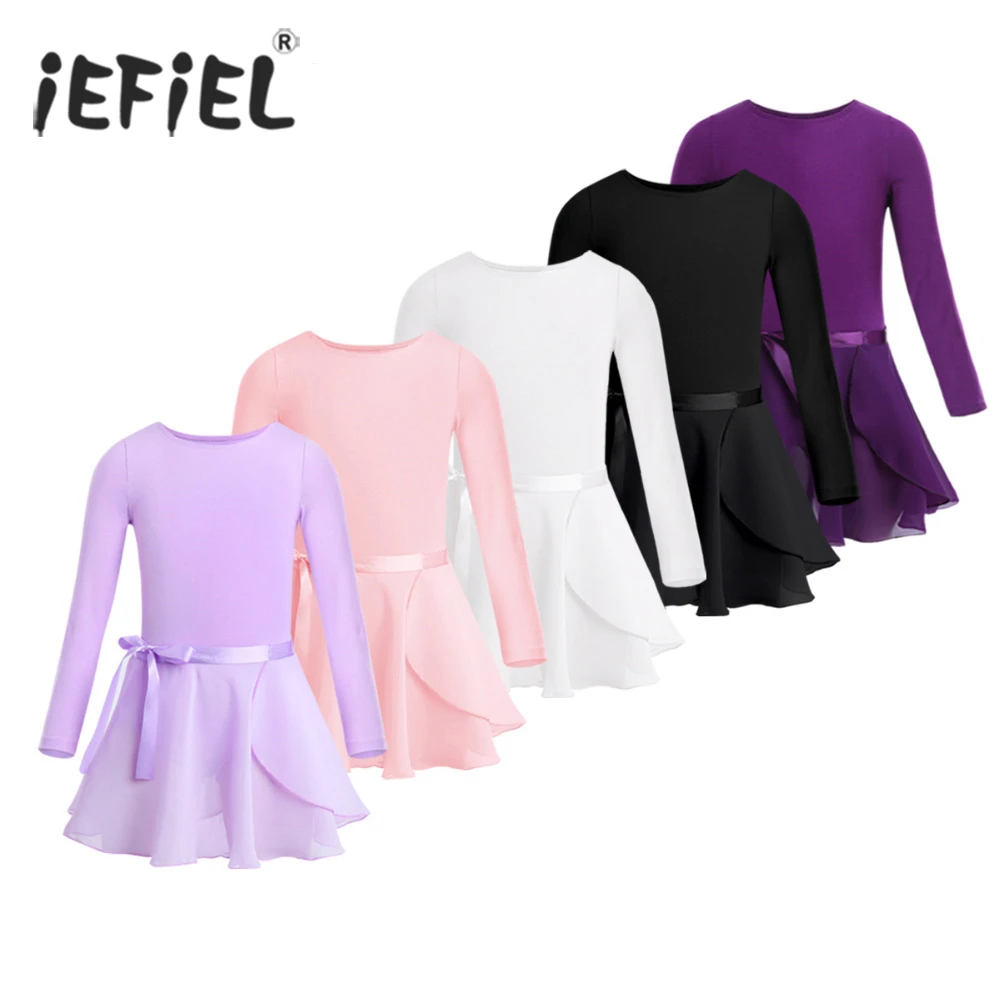 Girls Ballet Leotard Dancewear Cotton Long Sleeves Ballet Dance Class Gymnastics with Chiffon Tied Skirt Set Ballerina Clothing