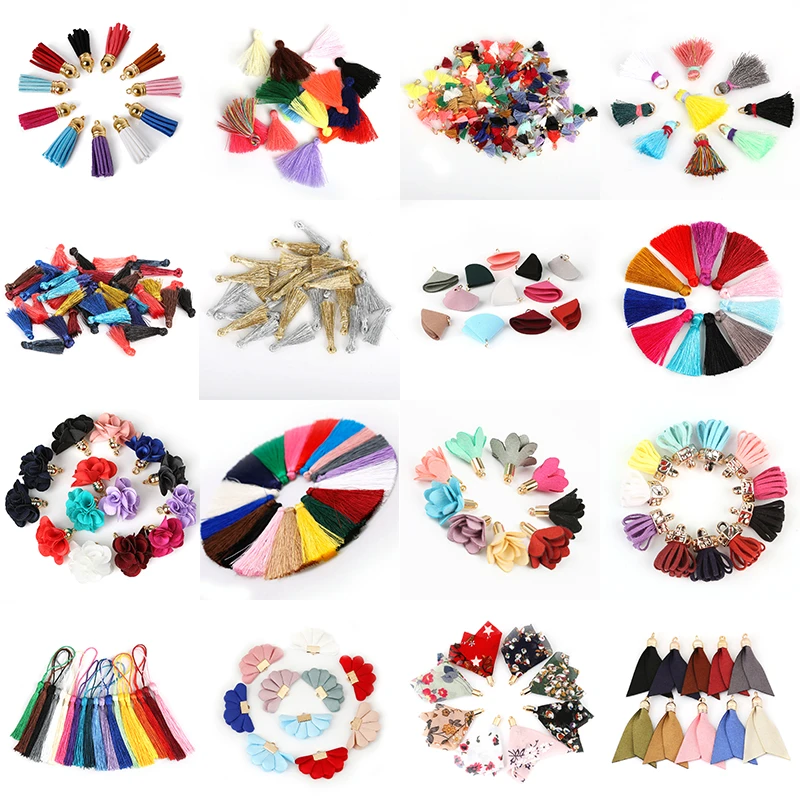 10~50pcs Mixed Cotton Silk Polyester Flower Tassel Charm Pendant hand made for Drop Earring Jewelry Findings DIY Craft Making