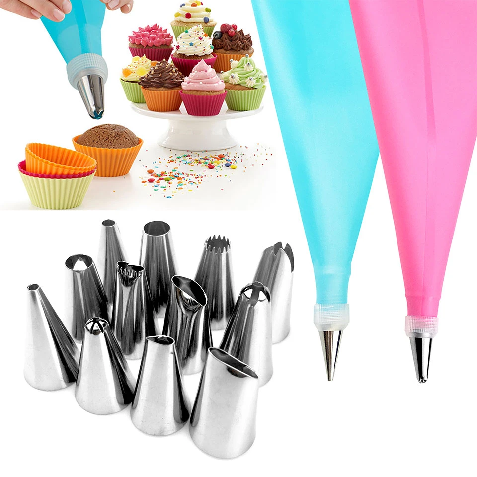 14pcs/Set Icing Piping Nozzles With Pastry Confectionery Bag And  Interface Adapter Cream Tip Cake Decorating Spout Tools