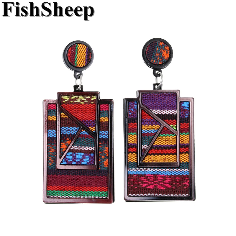FishSheep Bohemian Acrylic Geometric Big Pendant Earrings For Women Ethnic Large Fabric Hanging Drop Earrings Statement Jewelry
