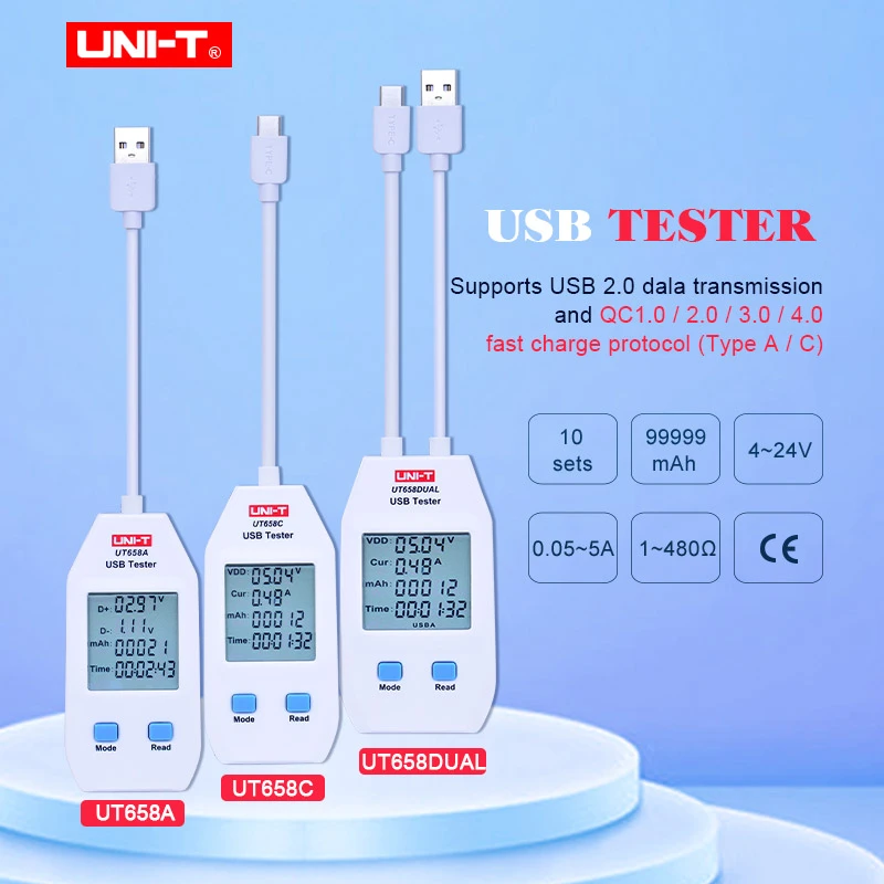 UNI-T UT658 series USB Power Meter and Tester USB-A and USB-C Digital Meter for Voltage/Current/ Capacity/Energy/Resistance