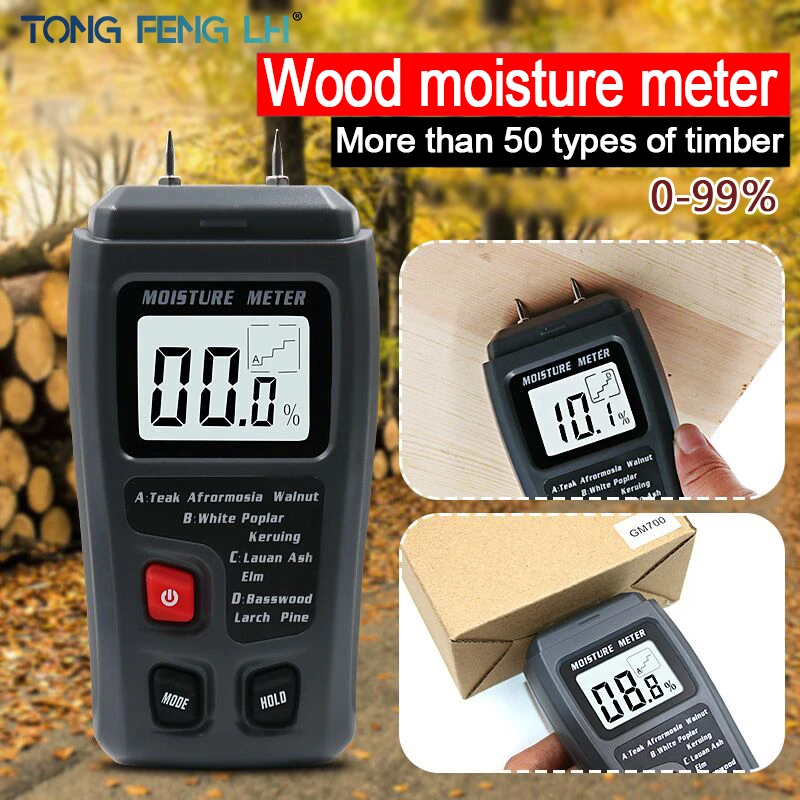 EMT01 Two Pins Digital Wood Moisture Meter 0-99.9% Wood Humidity Tester Timber Damp Detector with Large LCD Display