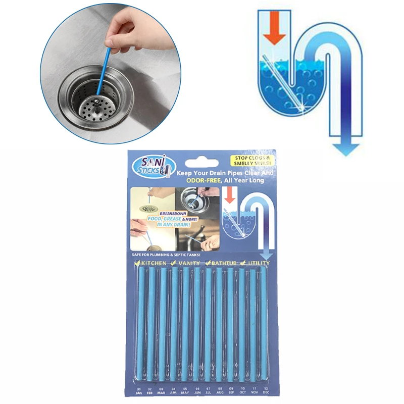 12Pcs/set Sani Sticks Practical Pipeline Bathtub Decontamination Drain Kitchen Sink filt Sani Sticks Sewer Cleaning Rod