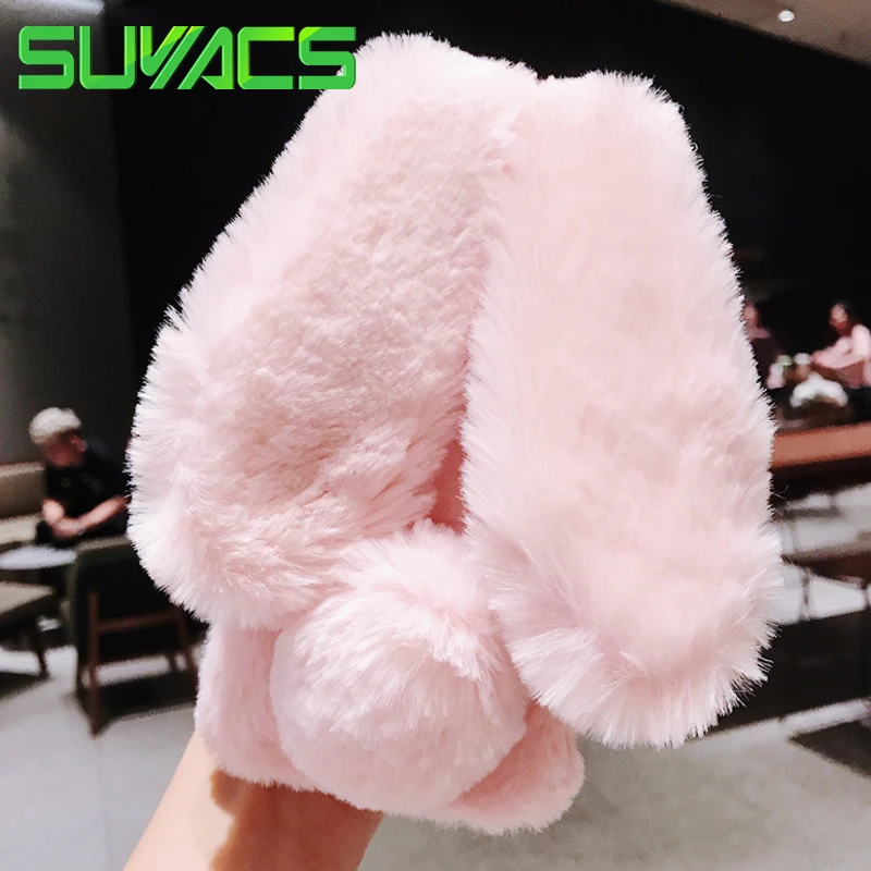 SUYACS Cute Hairy Rabbit Animal Phone Case For iPhone 13 Pro Max 12 Mini 11 Pro Max X XS MAX XR 7 8 Plus Soft Plush Phone Cover