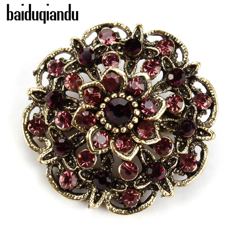 baiduqiandu Retro Antique Gold Color Plated Crystal Rhinestones Flower Pins and Brooches for Women Dress Party or DIY Bouquets