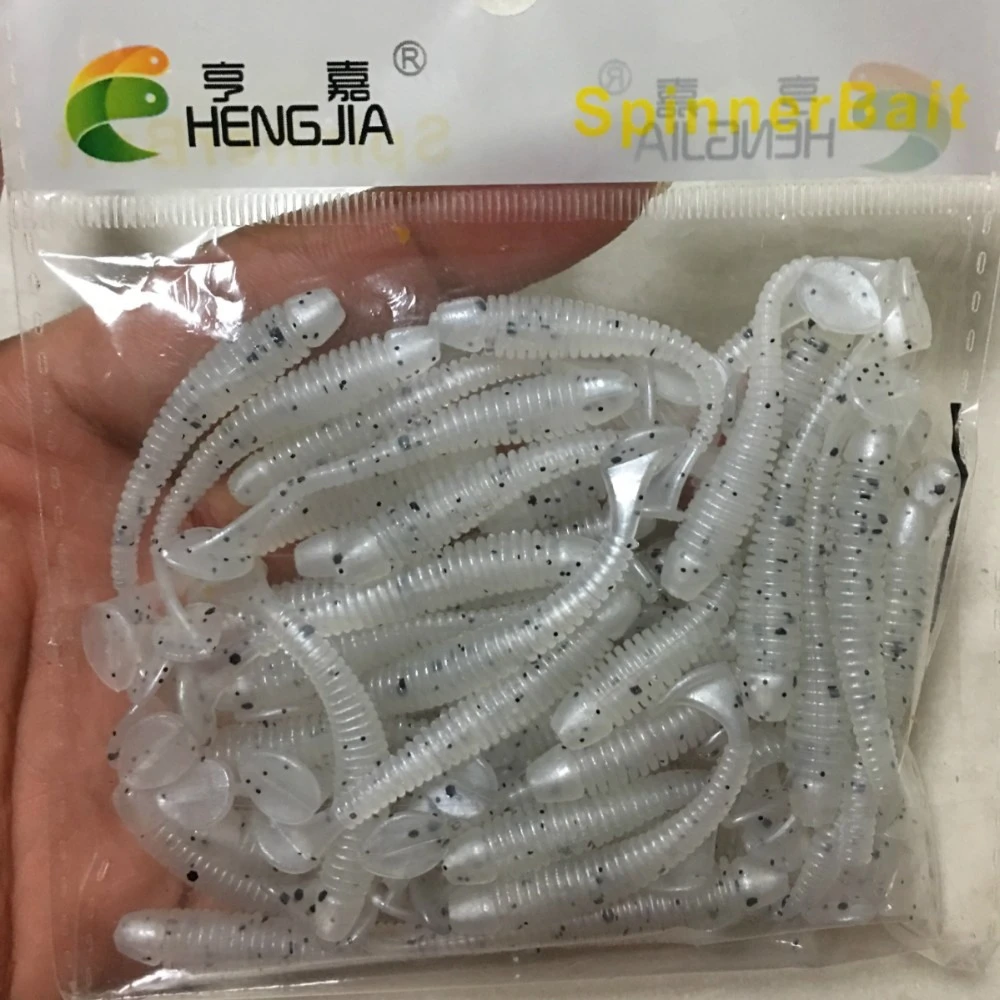 50 Pcs / lot Fishing Lures 52mm 0.6g T tail Soft Bait Artificial Rubber Silicone Fishing Tackle Soft Lure Spiral Worms Fishing