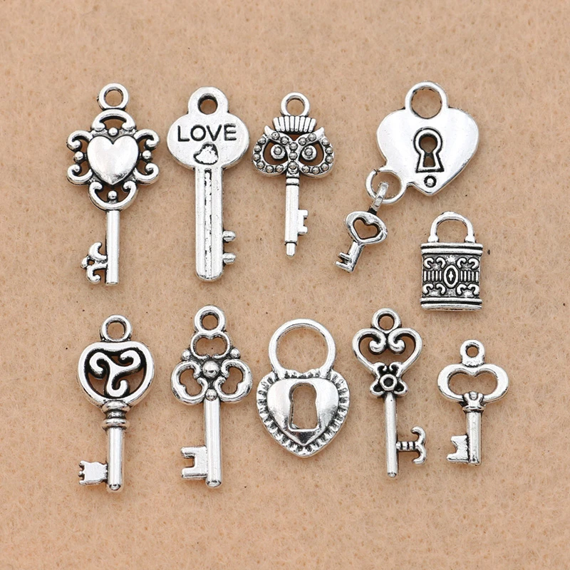 Mix Antique Silver Plated Key Lock Love Charm Pendants for Bracelet Necklace Accessories Diy Jewelry Making Handmade 10pcs