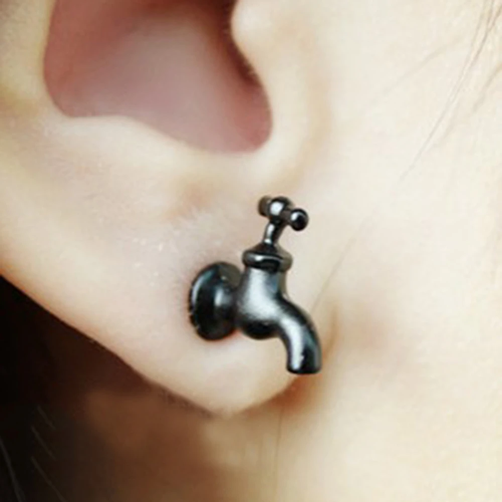 1PC Hot Punk Style Water Tap Faucet Stud Earrings New Design for Women Men Piercing Ear Jewelry 3 Colors