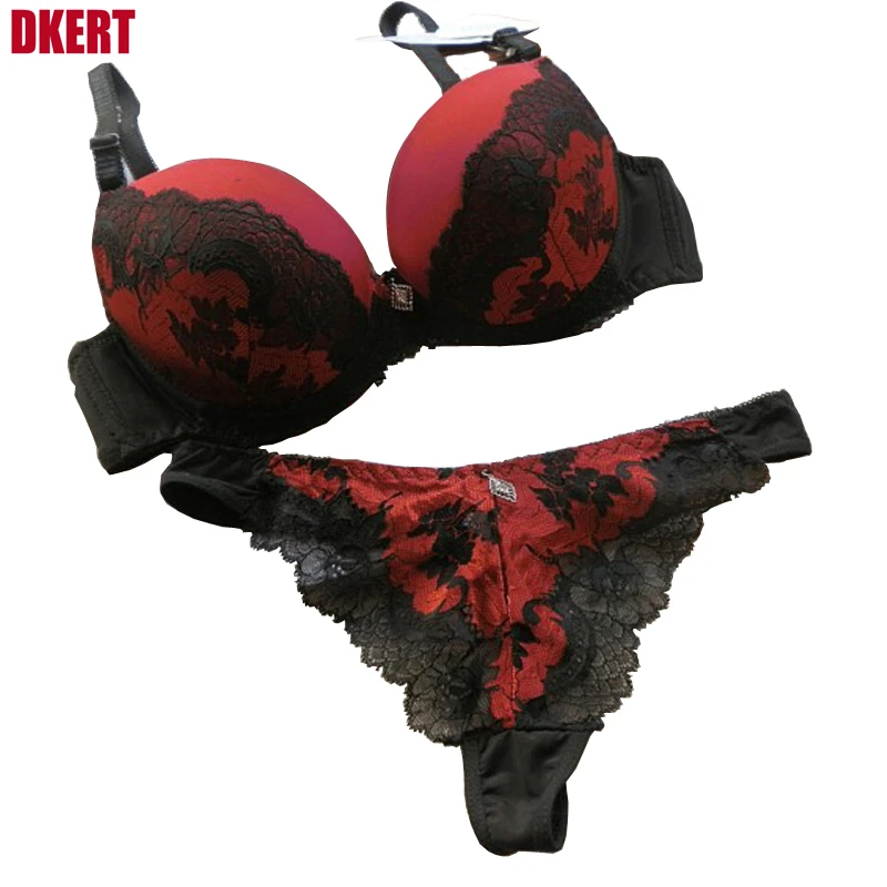 DKERT ABC 75 80 85 90 95 Thong Bra Set Push Up Lace Women Underwear Panty Set Set Hollow Out G String Embroidered Bra Brief Sets