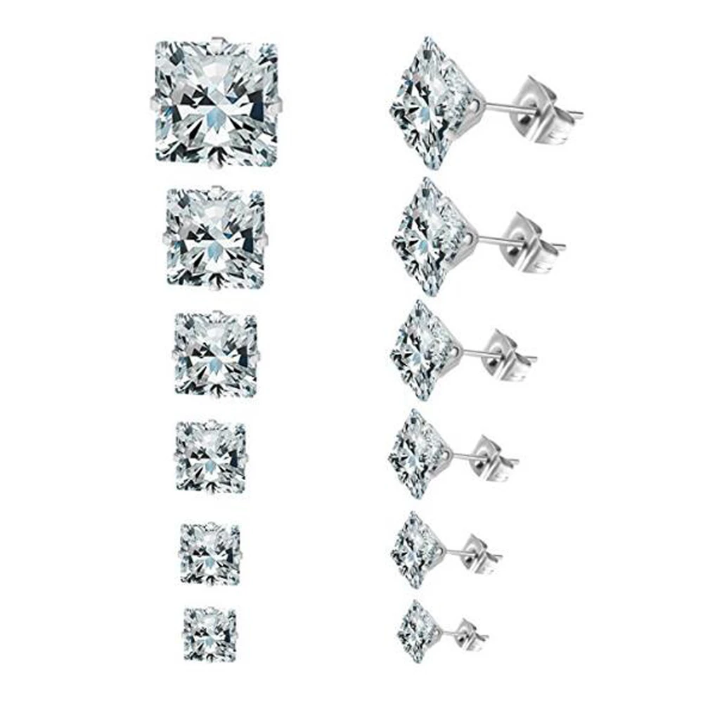 1 pair 3mm-8mm New Fashion Wholesale Square Zircon Crystal Stud Earrings For Women Wedding Cheap Jewelry Brincos Accessories