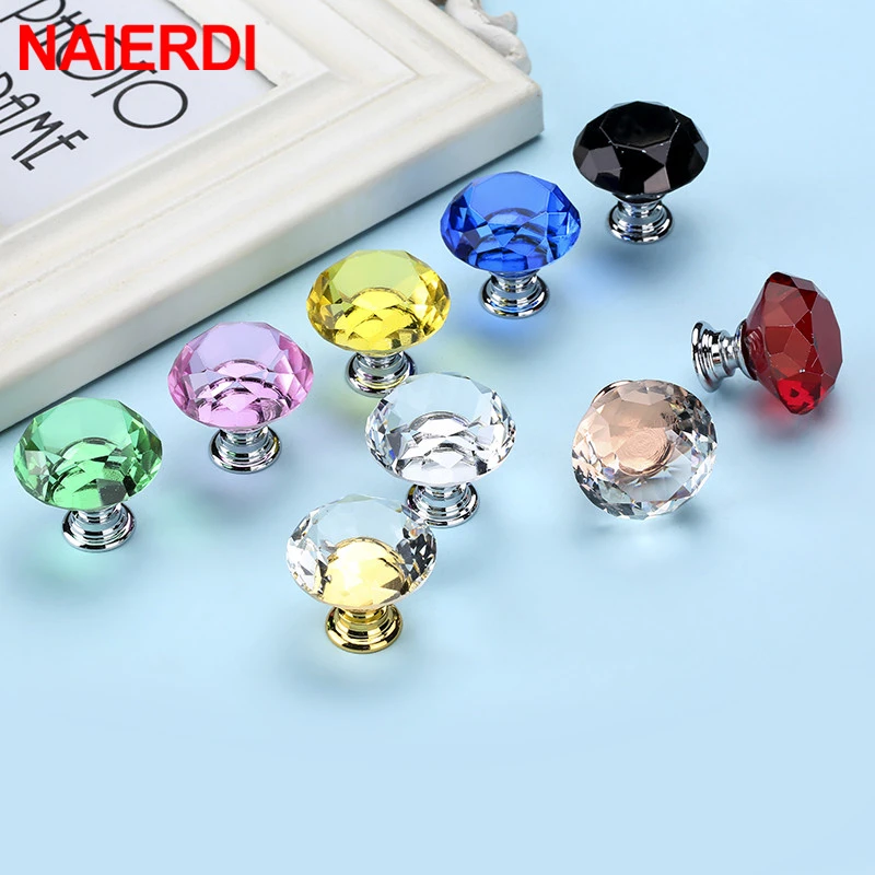 NAIERDI Crystal Glass Knobs Diamond Shape Design Cupboard Drawer Pull Kitchen Cabinet Door Wardrobe Handles Hardware