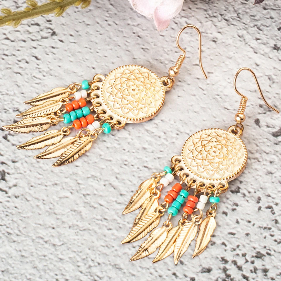 Ethnic Circle Round Hanging Drop Earrings Women Boho Bohemian Gold Color Leaf Leaves Acrylic Beeds Hiphop Brincos Boho Jewelry