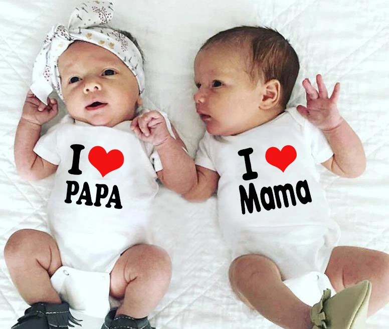 I Love Mama and I Love Papa Baby Bodysuit Twins  Soft Toddler Infant  Wear White Clothing  Summer Wear