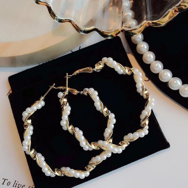 Korean Version Of The Cold Wind Fairy Temperament Pearl Circle Exaggerated Personality Wild Big Circle Earrings Wedding Earrings