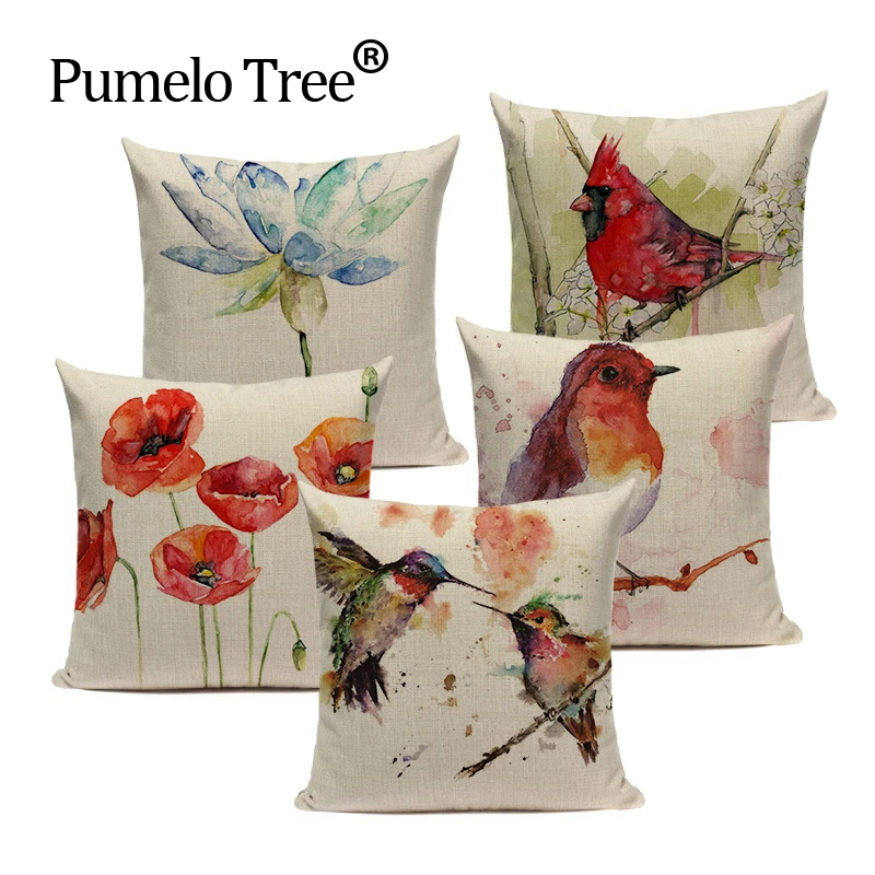 Custom High Quality Sofa Covers Watercolor Plant Bird Lumbar Pillow Covers  Cushion Cover Promotion Home Decoration Pillowcase