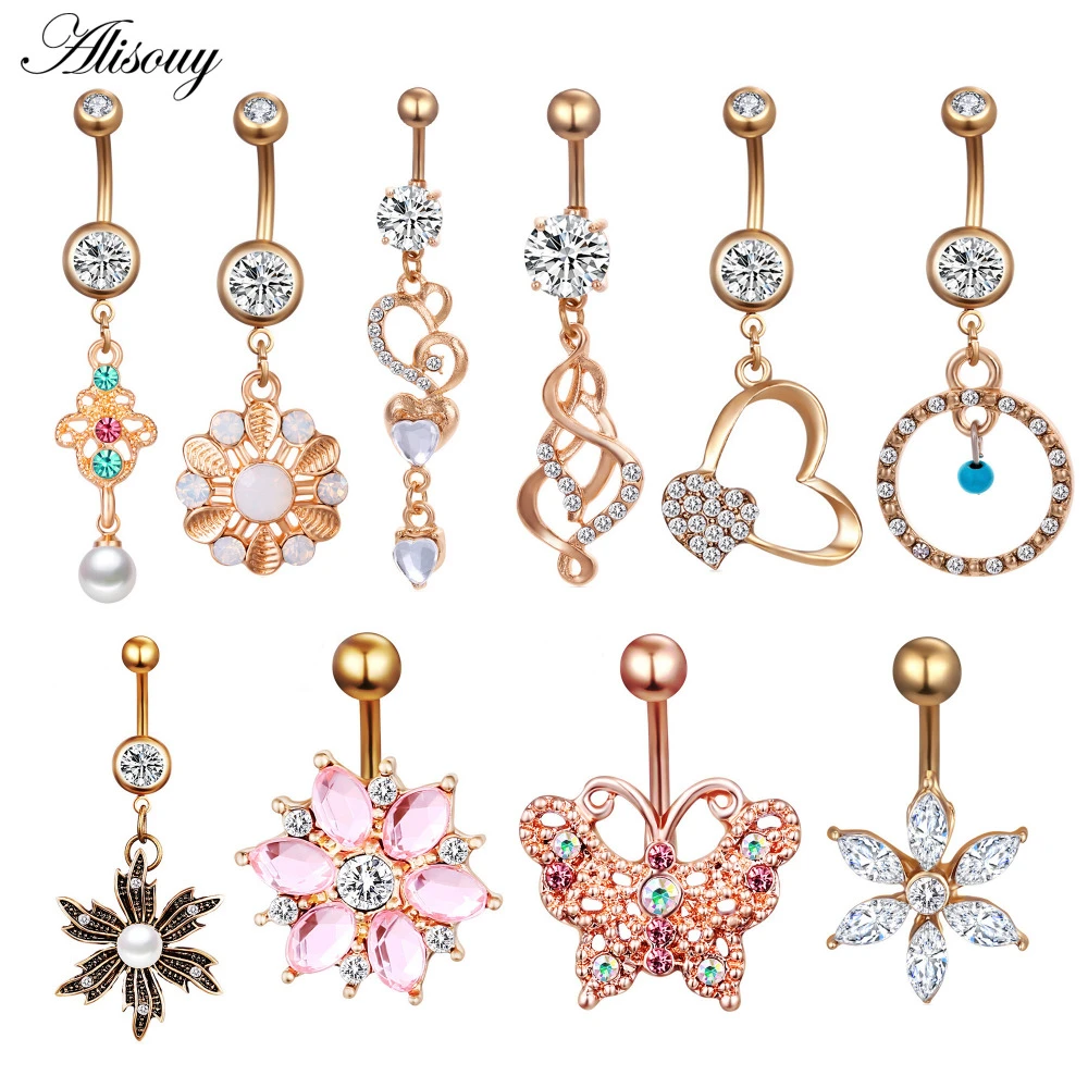 Alisouy Love Heart belly button rings Bar Gold Color Surgical Metal Piercing Sexy Body Jewelry for women CZ navel piercing rings