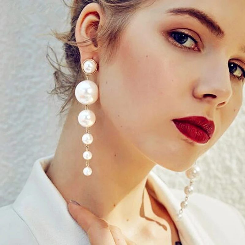 Ahmed Trendy Elegant Created Big Simulated Pearl Star Moon Long Earrings Pearls Statement Drop Earrings for Wedding Party Gift