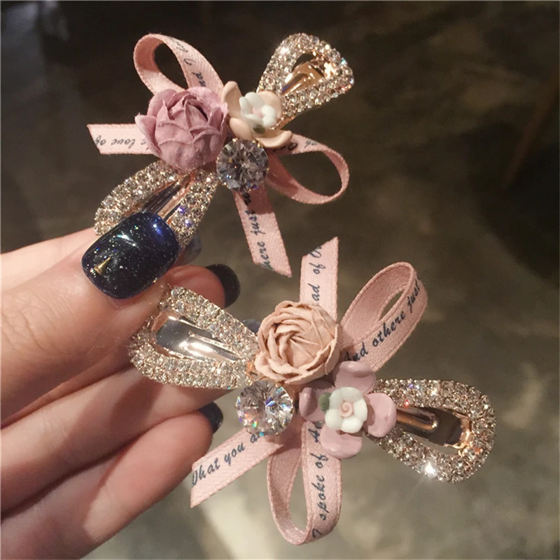 Korean Fashion Flower Hair Clip Crystal Bow Ribbon Hairpins Shiny Rhinestones Boutique Women Hair Accessories Ponytail Holder
