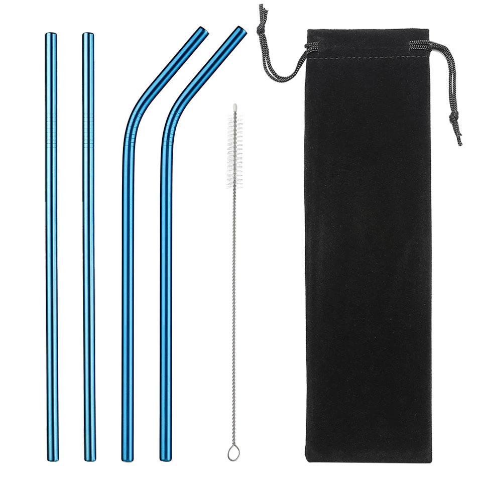 4pcs 304 Stainless Steel Straw Eco Friendly Reusable Metal Drinking Straws Set Wholesale With Cleaning Brush Party Bar Accessory
