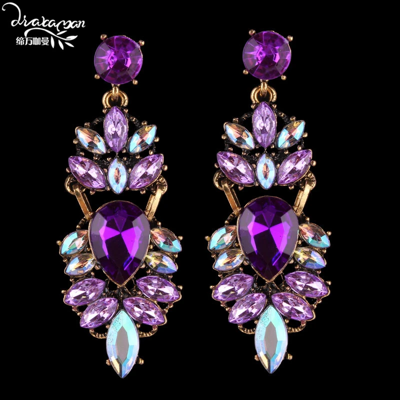 Dvacaman Brand Wedding Bridal Statement Crystal Earrings Women Purple Rhinestone Drop Dangle Earrings Party Jewelry Femme Bijoux Baroque Luxury Wedding Banquet Large Hanging Earrings Wholesale Dropshipping 2020 Winter